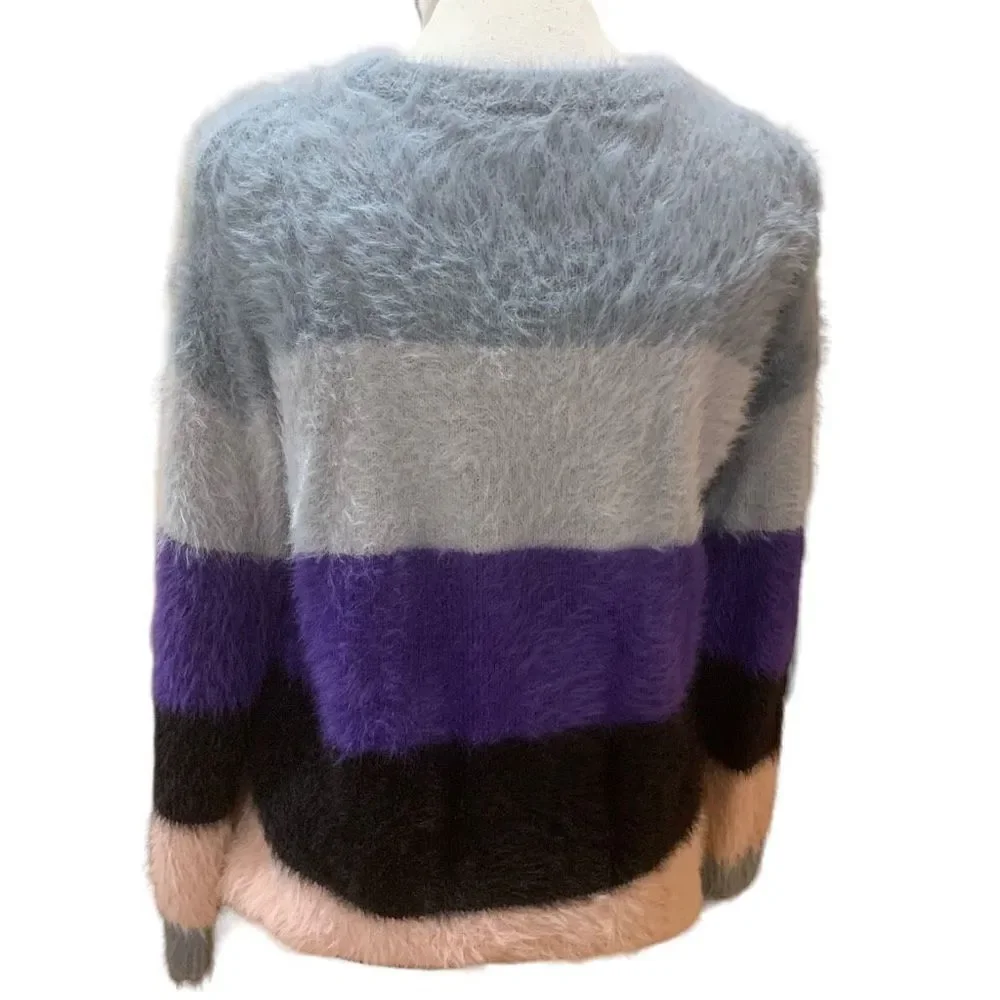 PRMA XS Fuzzy Eyelash‎ Knit Colorblk Striped Sweater Blue Purple Black Peach WMN